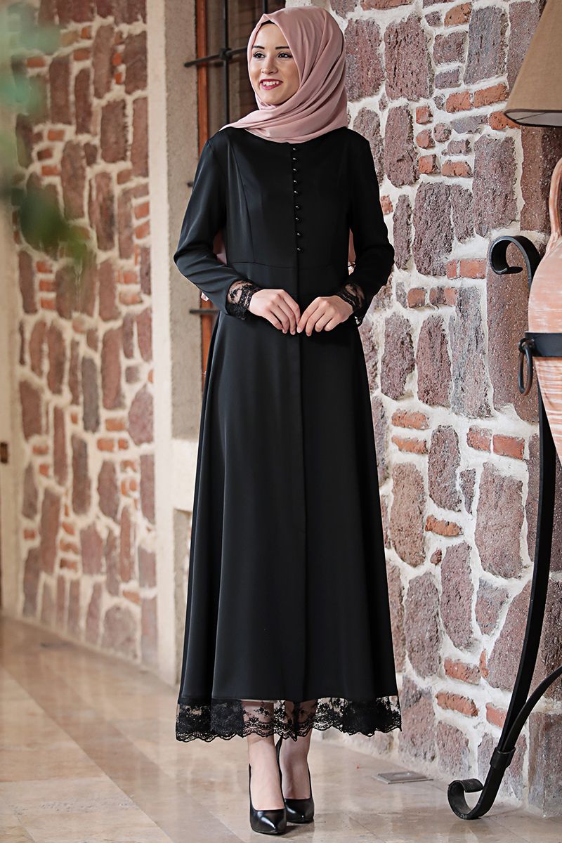 Azra Dantelli Elbise Siyah - Amine Hma